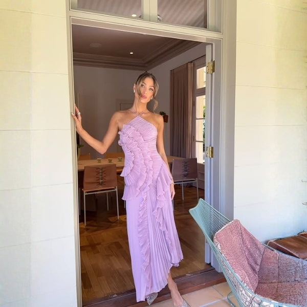 The Isola Evening Pleated Ruffle Maxi Dress