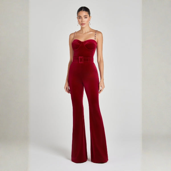 The Verona Jeweled-Strap Flared Jumpsuit