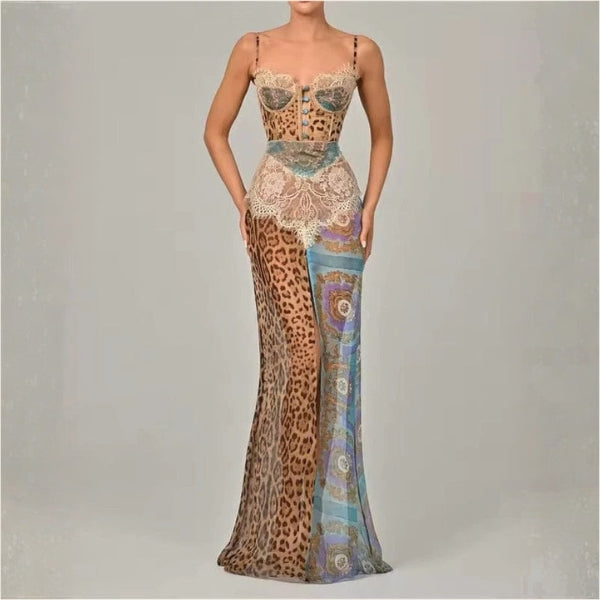 The Sofia Mixed-Print Corset Maxi Dress