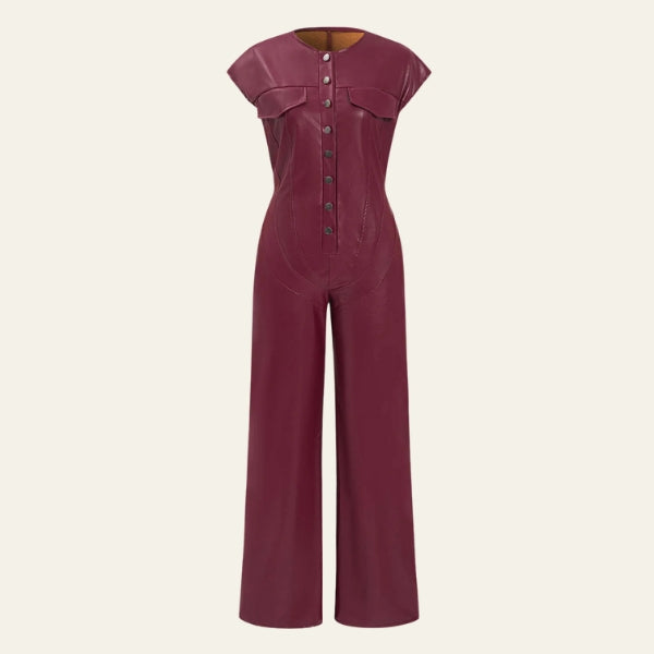 The Bordeaux Button-Front Leather Jumpsuit