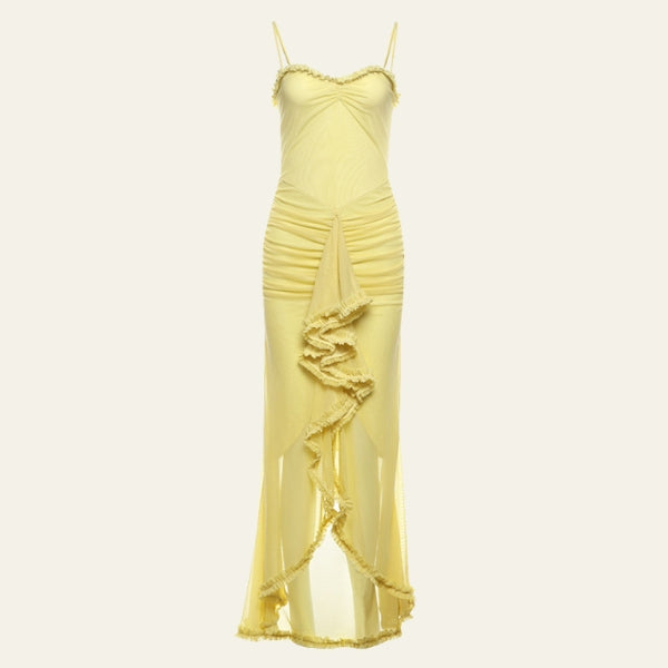 The Santorini Ruffle Ruched Maxi Dress