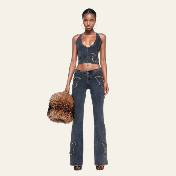 Denim Butterfly Halter Top & Flared Jeans Set