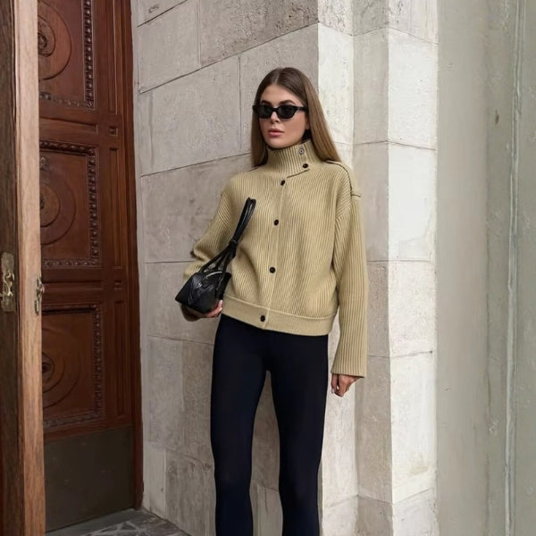 The Milan Ribbed Stand-Collar Cardigan