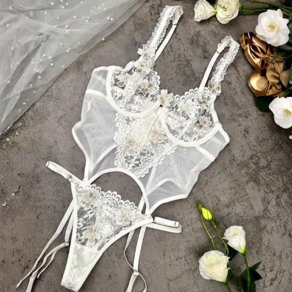 The Vienna Floral-Embroidered Mesh Lingerie Set