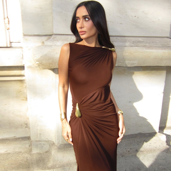 The Santorini Ruched Hardware Maxi Dress