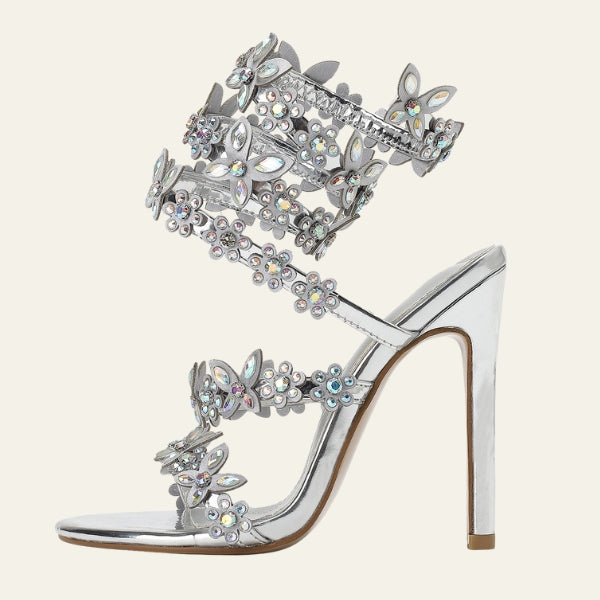 The Riviera Crystal-Floral Wrap Stiletto Sandals