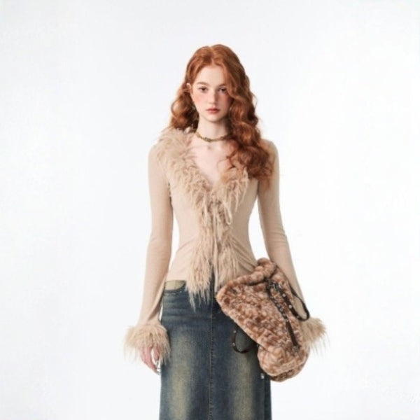 The Geneva Faux-Fur Trim V-Neck Knit Top