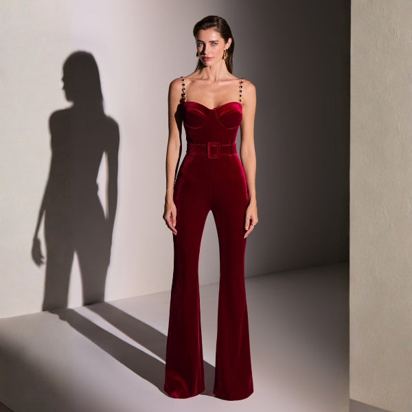 The Verona Jeweled-Strap Flared Jumpsuit