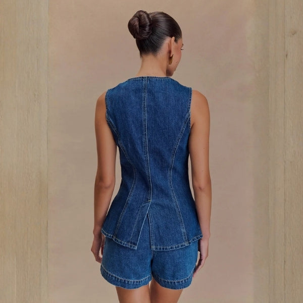 The Riviera Button-Front Denim Vest and Short Set