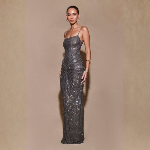 The Sorrento Ruched-Sequin Maxi Dress