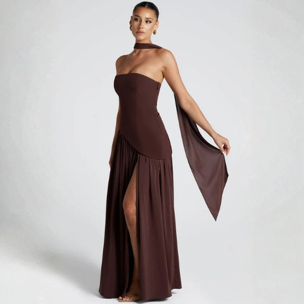 The Riviera Asymmetric-Waist Strapless Maxi Dress