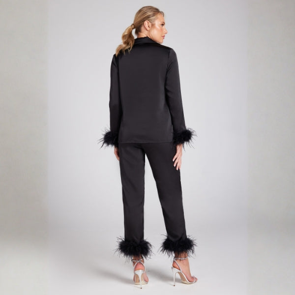 The Darcie Feather-Trim Satin Pajama Set