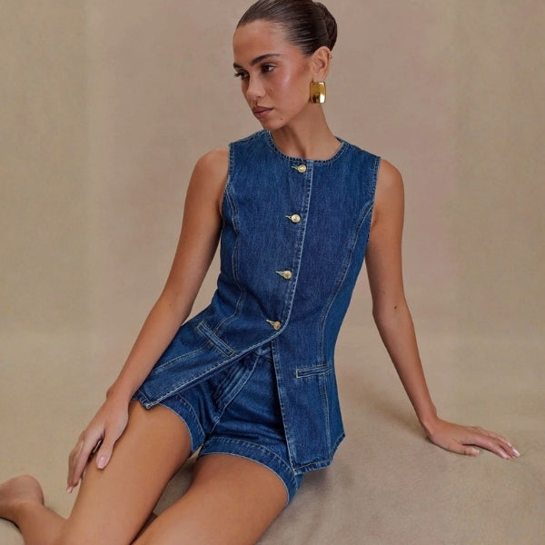 The Riviera Button-Front Denim Vest and Short Set