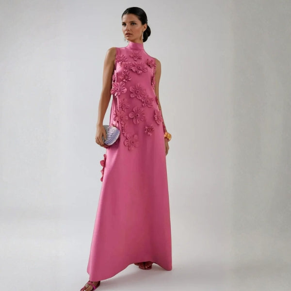 The Verona Floral-Appliqué Mock-Neck Maxi Dress