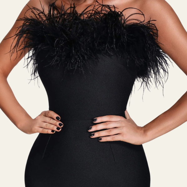The St. Moritz Feathered Evening Maxi Strapless Dress