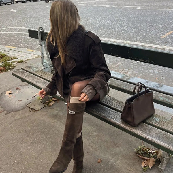 The Aspen Cropped Plush-Collar Jacket