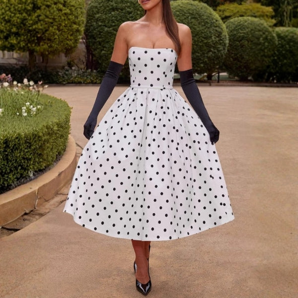 The Sorrento Polka-Dot Strapless Midi Dress