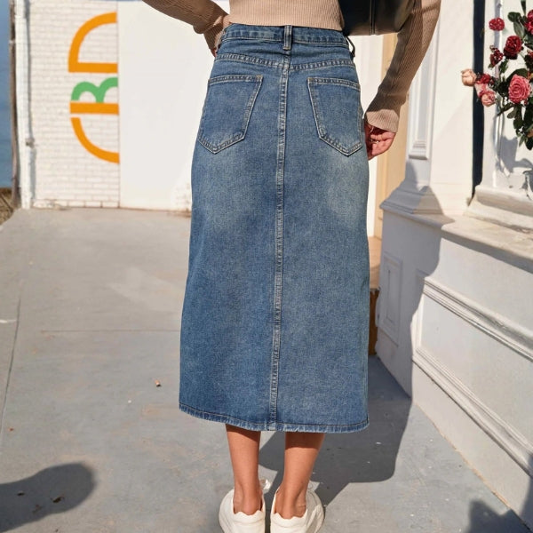 The Shoreline Front-Split Denim Skirt