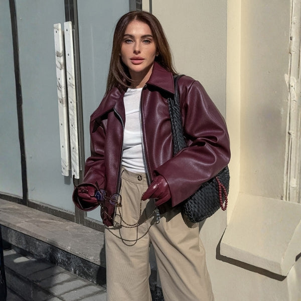 The Soho Oversized Collar Zip Leather Jacket