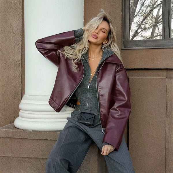 The Soho Oversized Collar Zip Leather Jacket