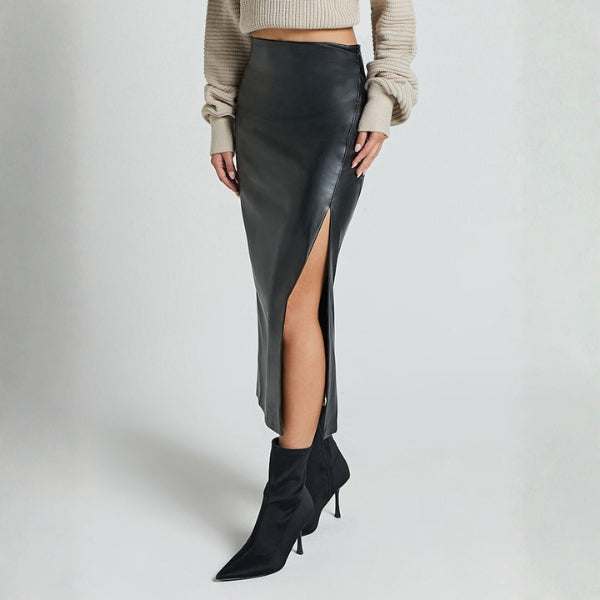 The Monaco Leather Side-Slit Midi Skirt