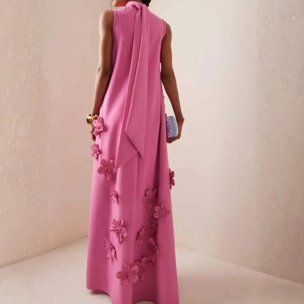 The Verona Floral-Appliqué Mock-Neck Maxi Dress