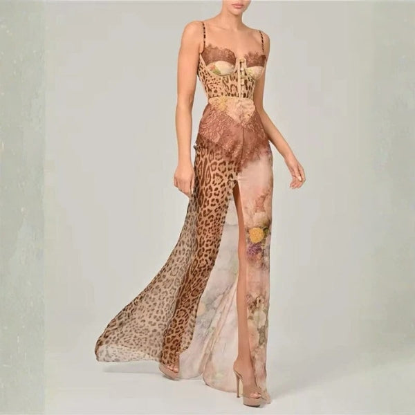 The Sofia Mixed-Print Corset Maxi Dress