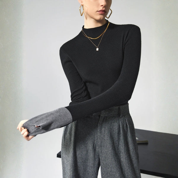 The Milano Contrast-Cuff Mock Neck Knit Top