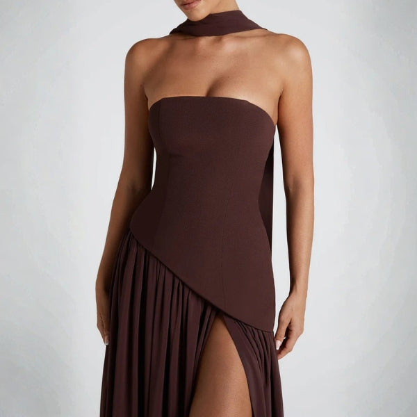 The Riviera Asymmetric-Waist Strapless Maxi Dress