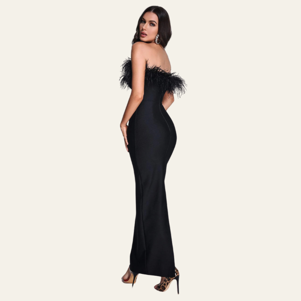 The St. Moritz Feathered Evening Maxi Strapless Dress