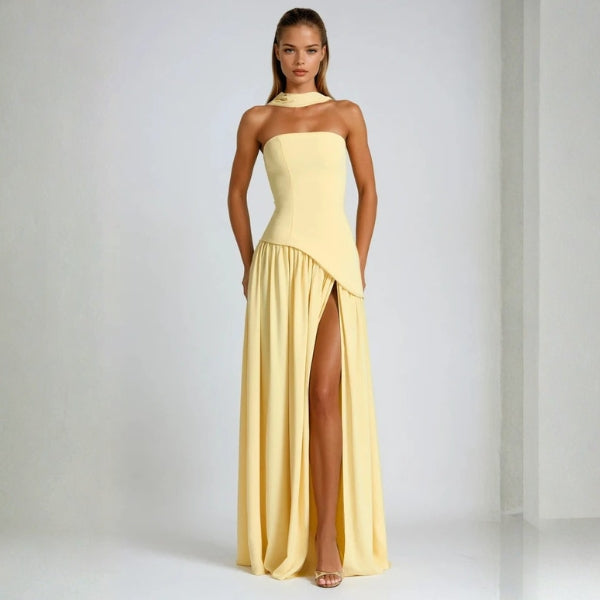 The Riviera Asymmetric-Waist Strapless Maxi Dress