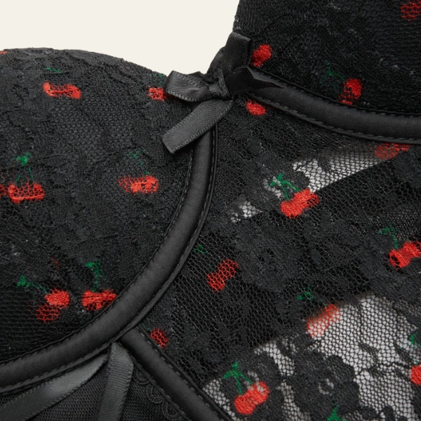 The Verona Cherry-Print Lace Thong Set