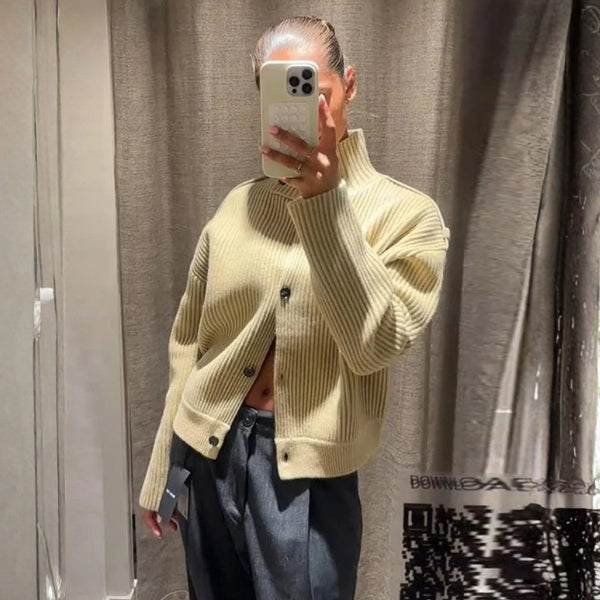 The Milan Ribbed Stand-Collar Cardigan