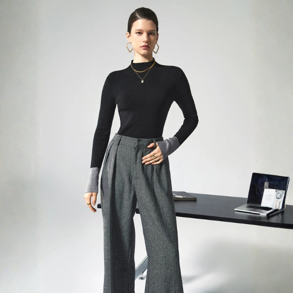 The Milano Contrast-Cuff Mock Neck Knit Top