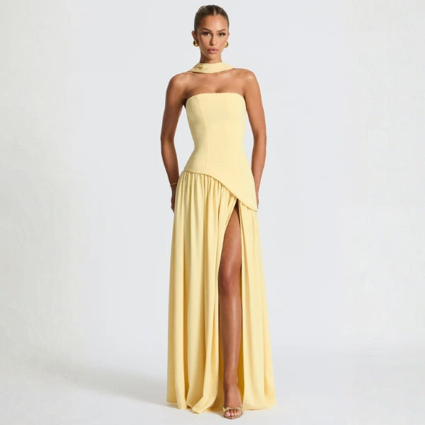 The Riviera Asymmetric-Waist Strapless Maxi Dress