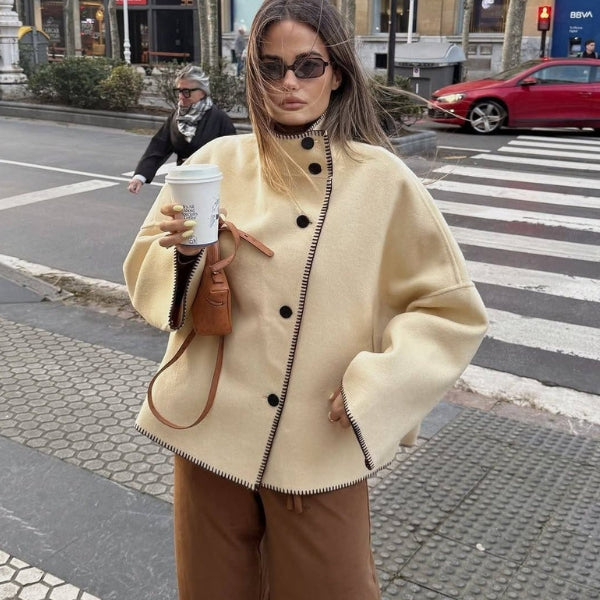 The Copenhagen High-Neck Blanket-Trim Jacket