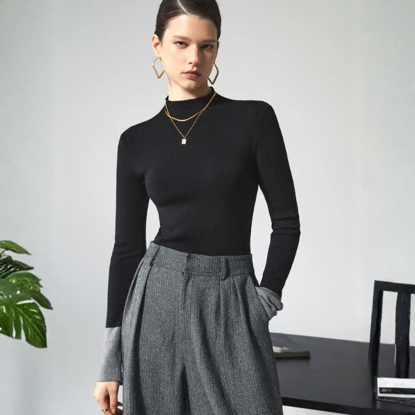 The Milano Contrast-Cuff Mock Neck Knit Top