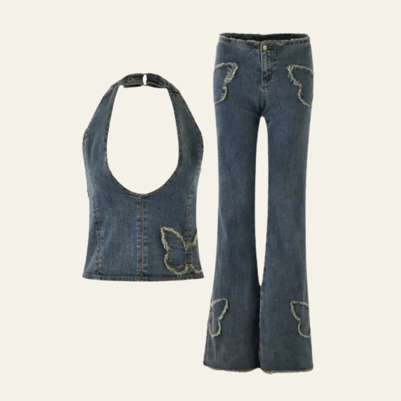 Denim Butterfly Halter Top & Flared Jeans Set