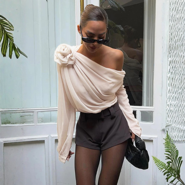 The Alencia One-Shoulder Draped Chiffon Blouse