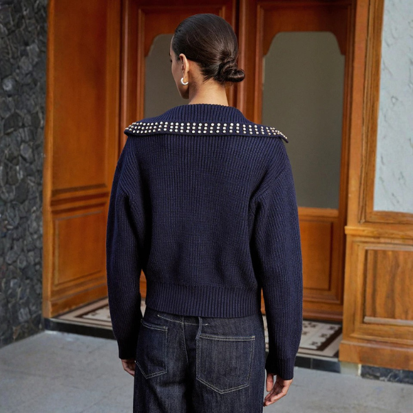 The Norinne Studded Collar V-Neck Sweater