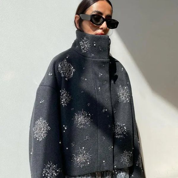 The Elara Embellished High-Collar Pea Coat