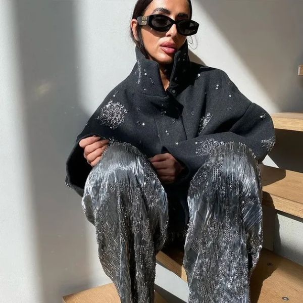 The Elara Embellished High-Collar Pea Coat