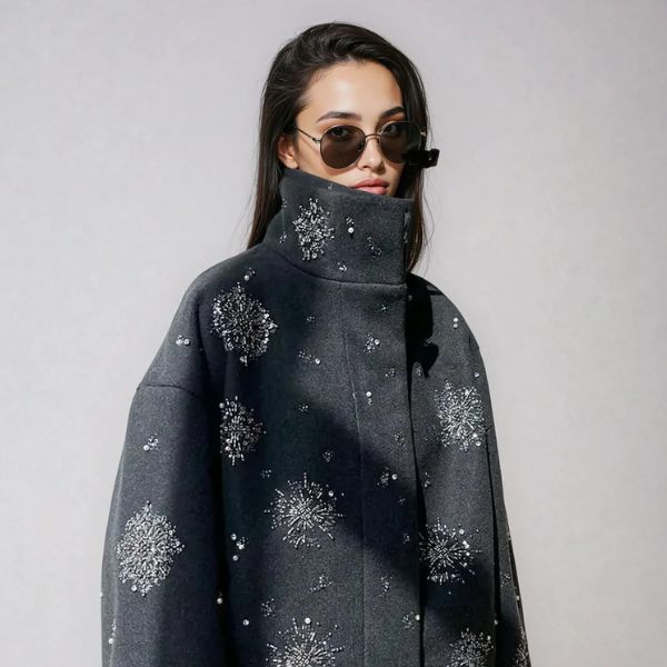 The Elara Embellished High-Collar Pea Coat