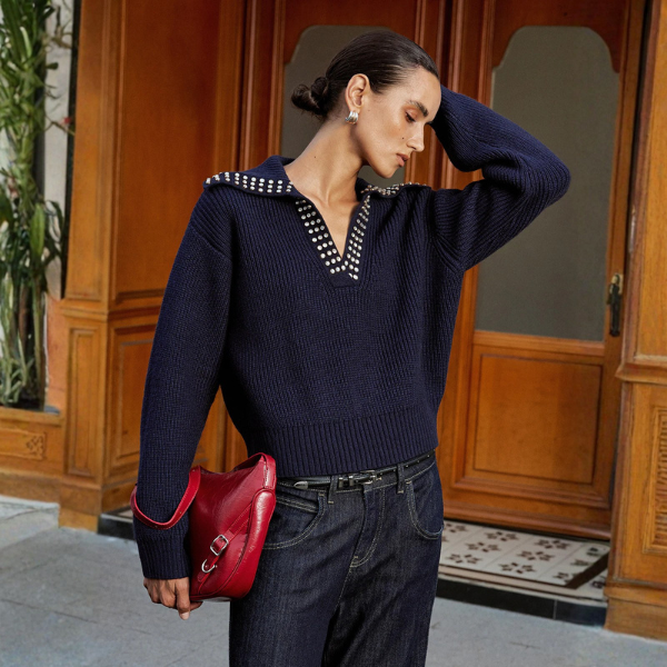 The Norinne Studded Collar V-Neck Sweater