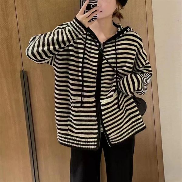 The Marentis Striped Zip-Up Knit Hoodie