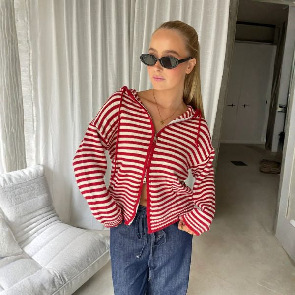 The Marentis Striped Zip-Up Knit Hoodie