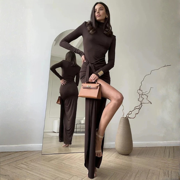 The Calista High Neck Ruched Maxi Dress