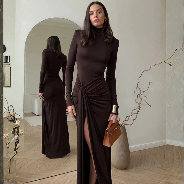 The Calista High Neck Ruched Maxi Dress