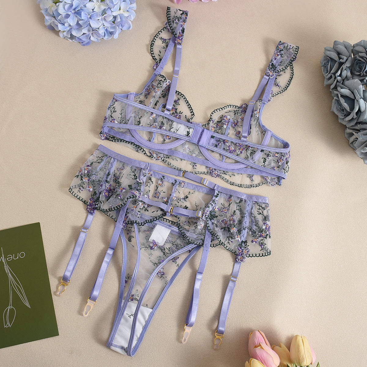 The Marseille Embroidered Sheer Lace Lingerie Set