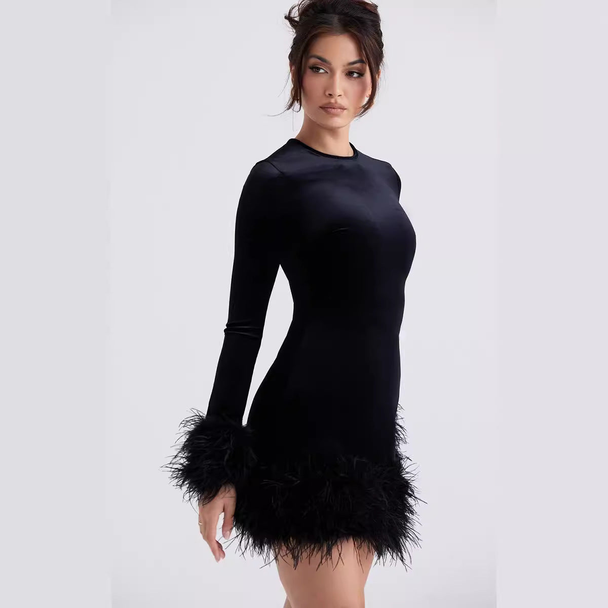 The Sorrento Feather-Trim Long-Sleeve Mini Dress